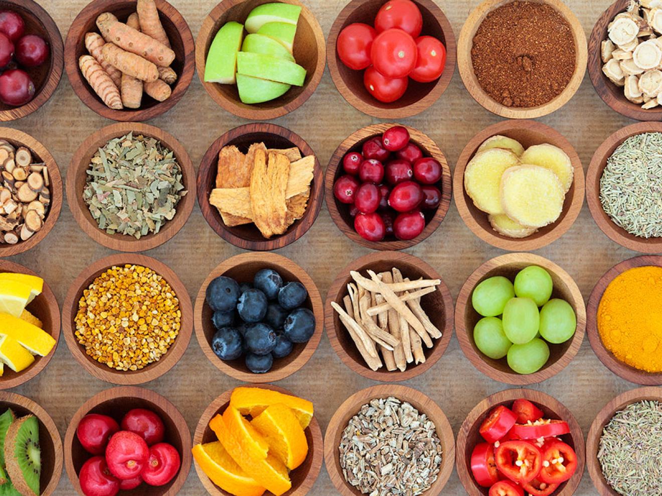 Bowls with various fruits and spices