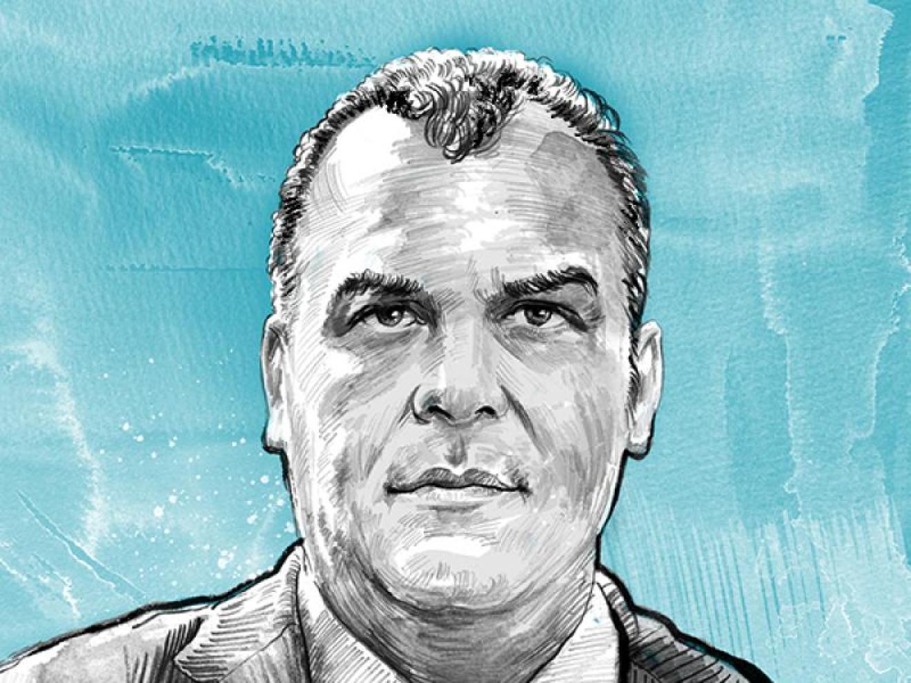 Eine detaillierte Schwarz-Weiß-Porträtzeichnung eines Mannes in Anzug und Krawatte, mit markanten Gesichtszügen und welligem Haar, vor einem strukturierten türkisfarbenen Aquarell-Hintergrund.