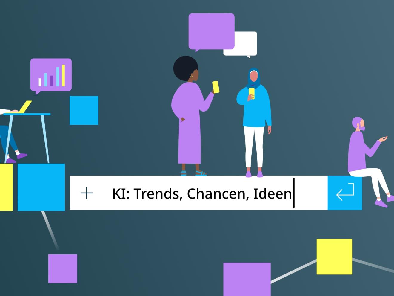 Ein großes Eingabefeld auf dem Menschen mit digitalen Endgeräten interagieren