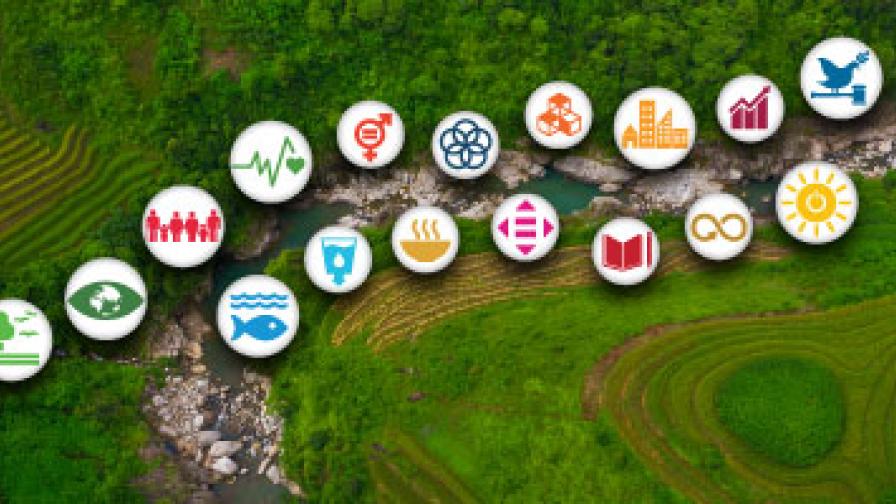 Aerial view of a cultural landscape with various symbols arranged along a river course