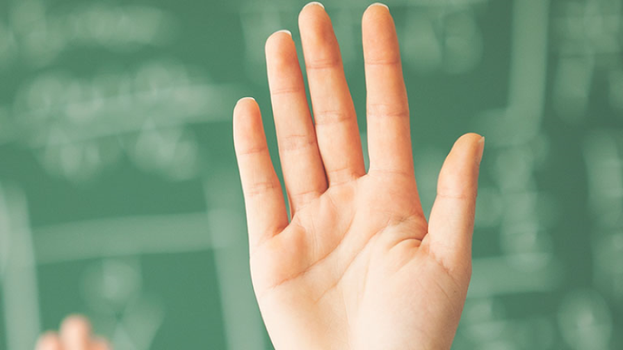 Zu einer Meldung erhobene Hände vor einer Tafel.