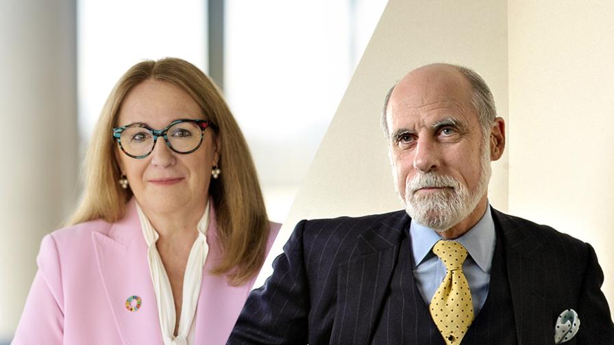 Geteiltes Porträtbild einer Frau in rosa Jacke und eines Mannes im Nadelstreifenanzug mit gelber Krawatte, beide vor hellem Hintergrund.