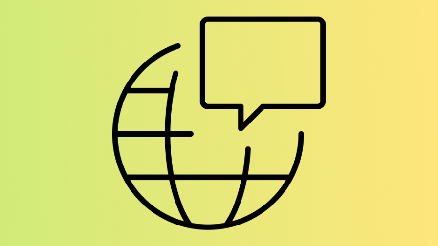 Icon: Ein Globus mit einer Sprechblase im Vordergrund. 