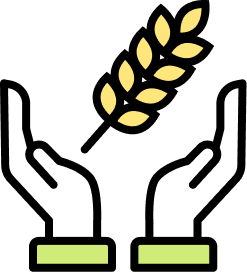 Icon of a yellow ear of wheat supported or held by two stylized black hands.