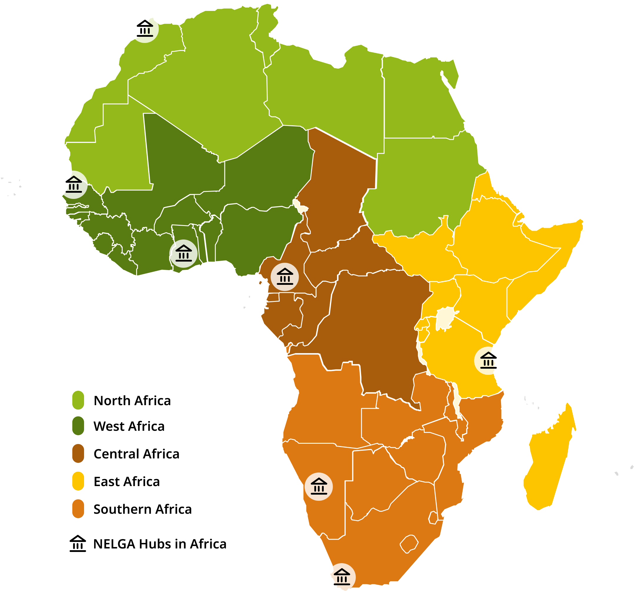 Colored map of Africa with different regions in green, yellow, and orange shades, marked with symbols representing institutions.
