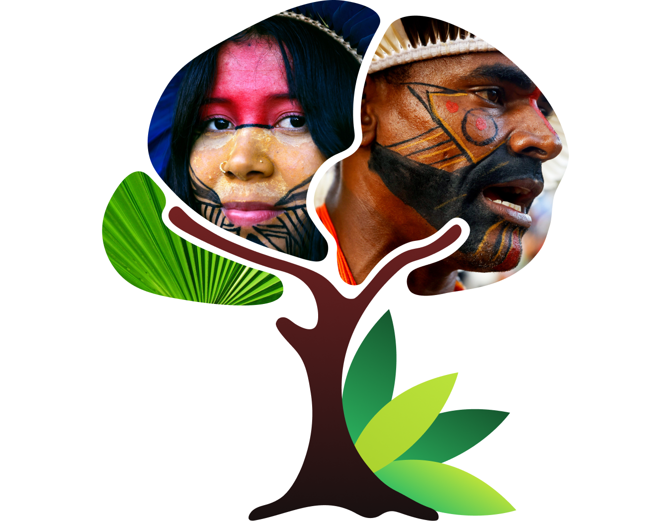 Illustration of a stylized tree with leaves featuring the faces of two Indigenous individuals wearing traditional face paint and headdresses.
