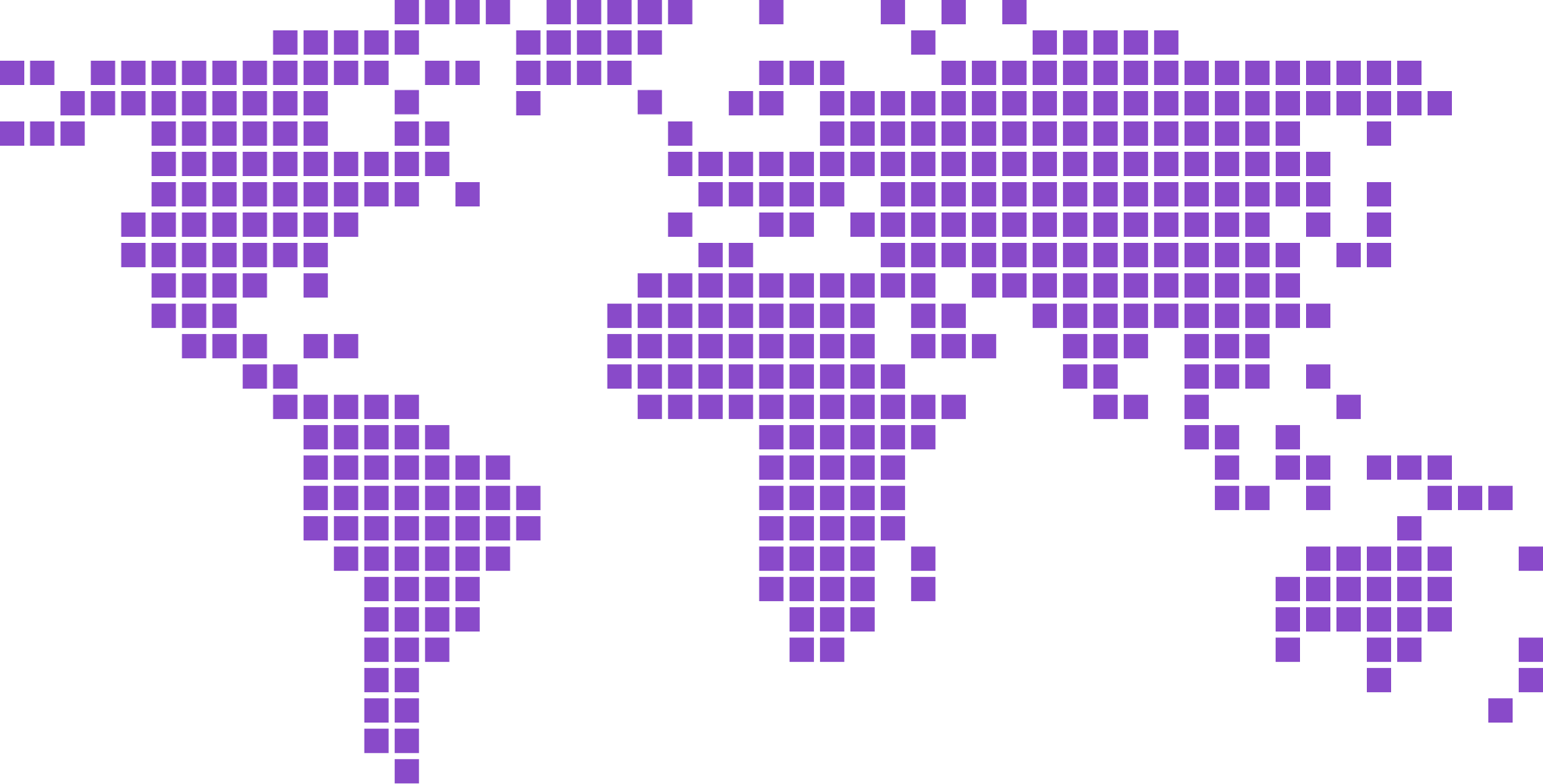 Abstract world map made of purple square pixels on a black background with a stylized representation of the continents.
