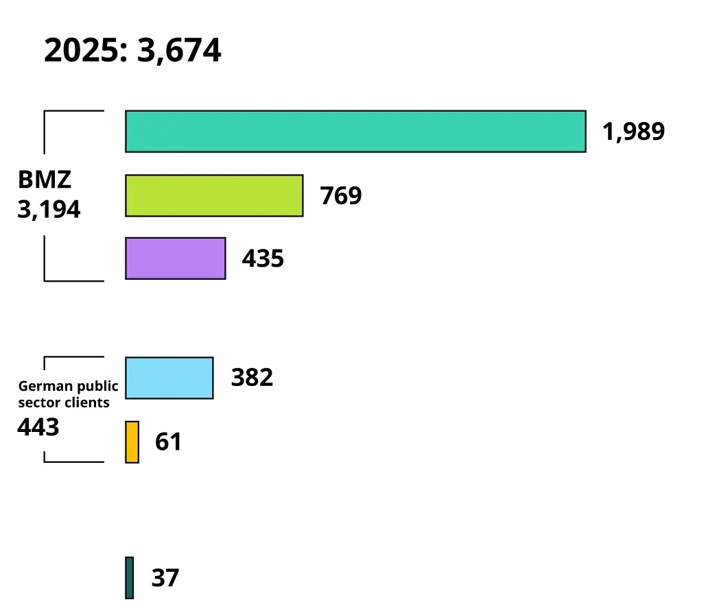 Bar chart of various values for 2025. Total revenues: 3,674 EUR million. Total share of BMZ: 3,194 EUR million. Of this, co-financing by third parties for BMZ projects (see footnote 2): 769 EUR million. Of this, special initiatives: 435 EUR million. Total share of German public sector clients: 443 EUR million. Of this, federal ministries: 382 EUR million. Of this, co-financing by third parties (see footnote 3): 61 EUR million. Other business areas (see footnote 4): 37 EUR million.