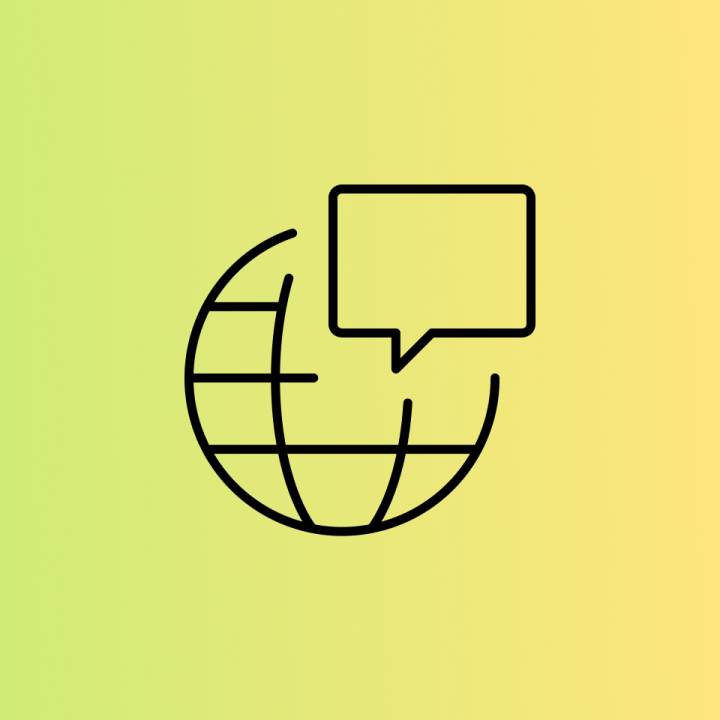Icon: Ein Globus mit einer Sprechblase im Vordergrund. 
