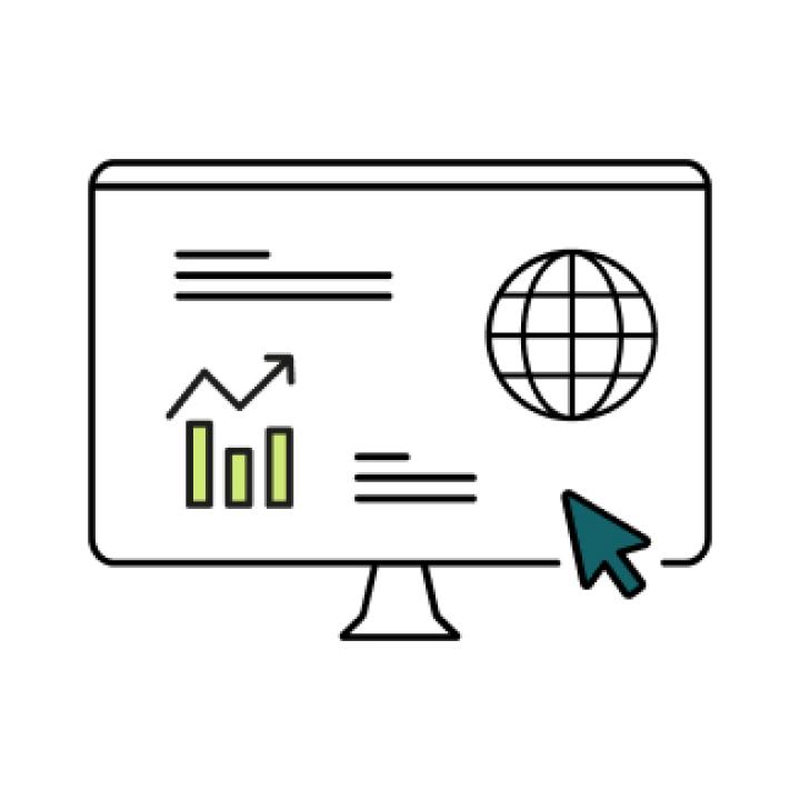 Grafik: Monitor mit Text, einem Chart, einem Globussymbol und einem Mauszeiger. 