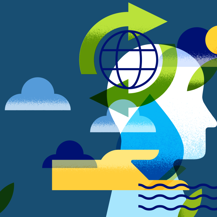 Illustration einer Person im Profil mit überlagerten Recycling-Pfeilen und Globus-Symbol, umgeben von Wellenlinien, Wolken, Sonne und Blättern als Darstellung der globalen Wasserkrise.