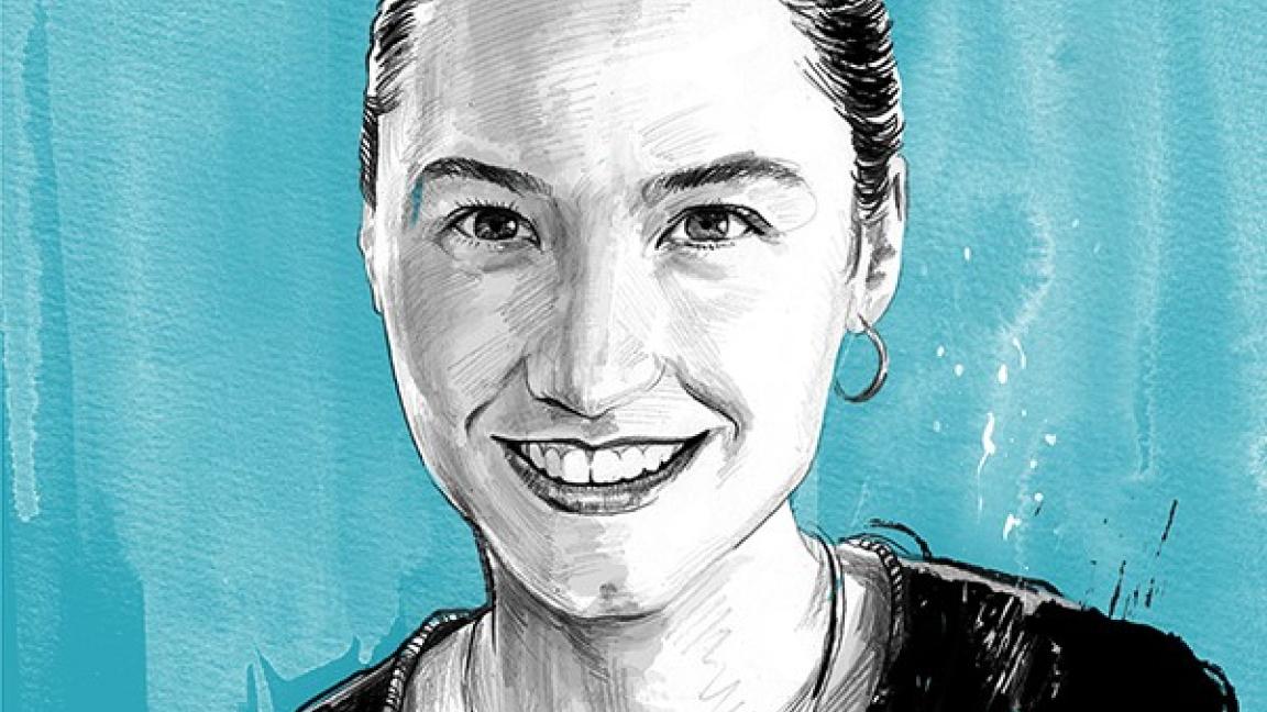 Eine handgezeichnete Porträtillustration einer lächelnden Frau mit zurückgebundenem Haar vor einem türkisfarbenen Hintergrund.