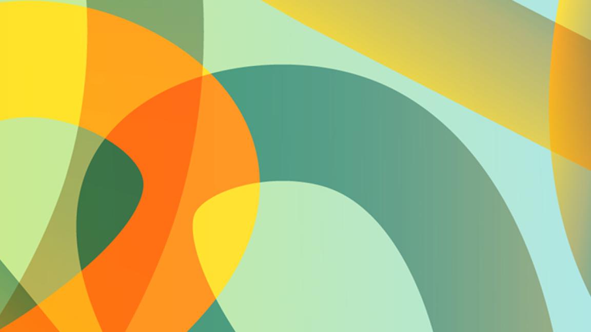 Abstrakte Grafik mit überlappenden gelben, orangen und grünen Formen, die dynamische Bewegung und Tiefe erzeugen