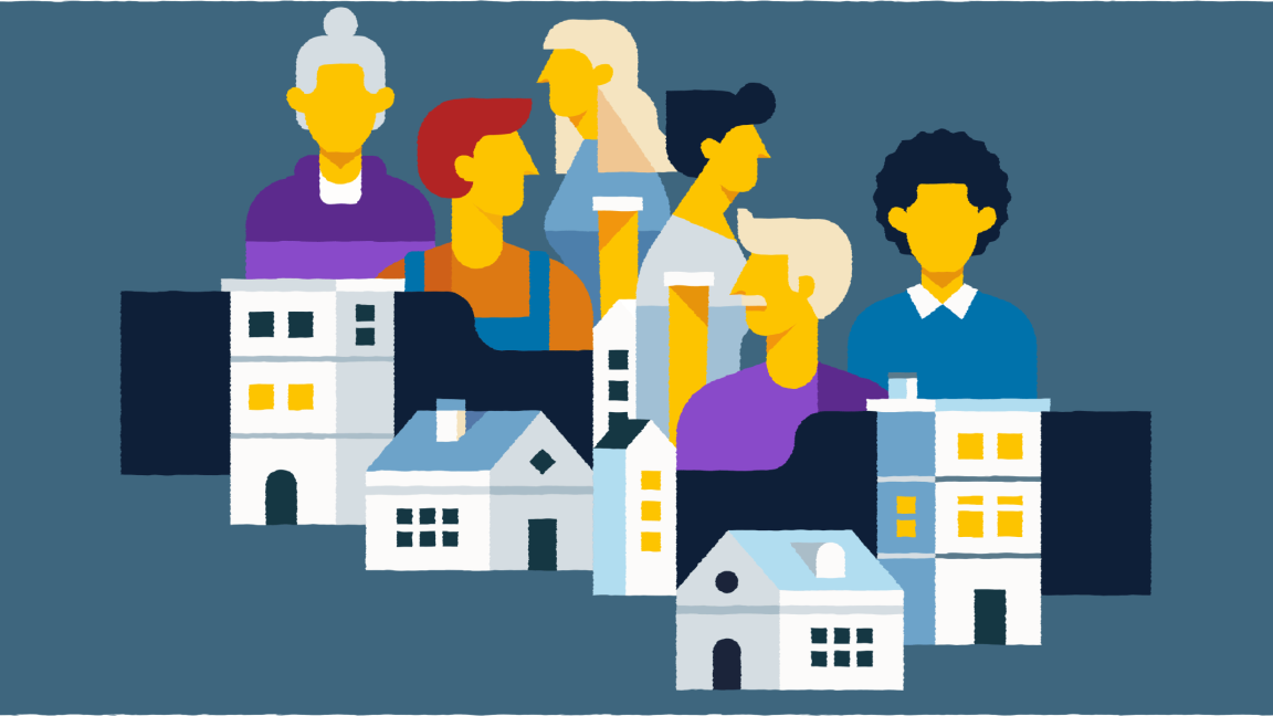 Illustration of several people and houses on a dark blue background, symbolizing community and housing.