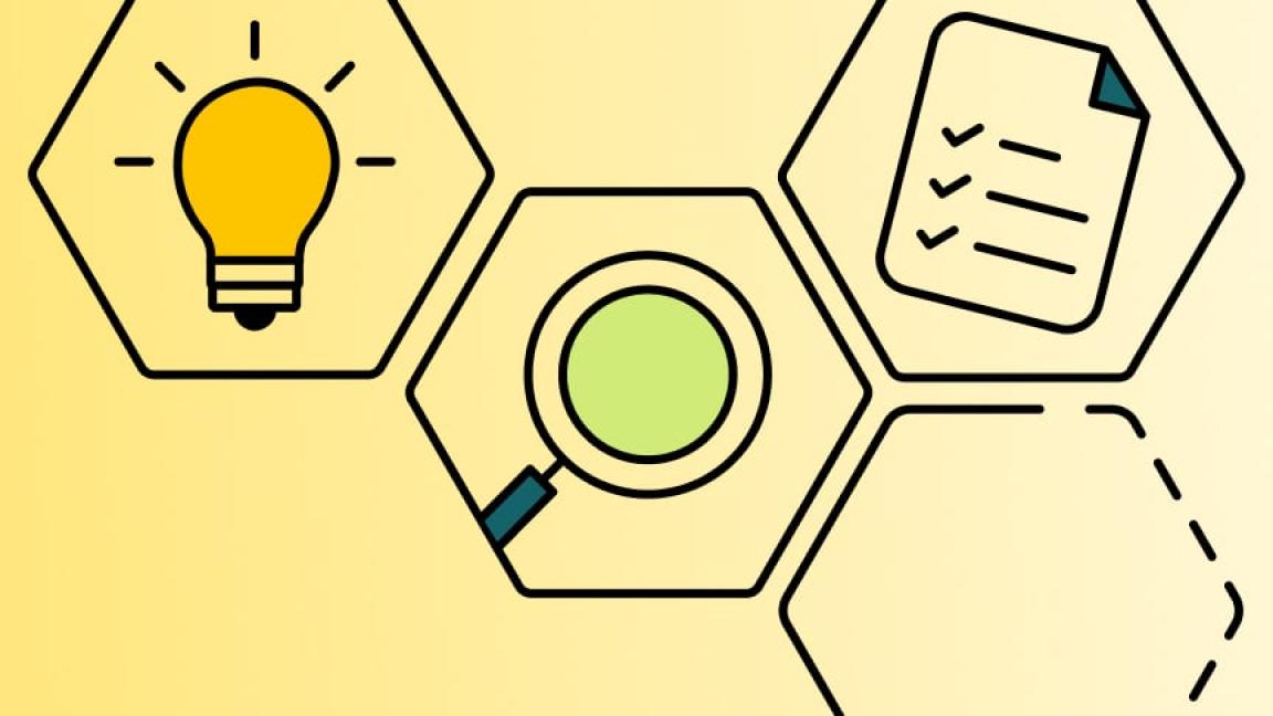 Grafik: Mehrere Waben zeigen eine Lampe, eine Lupe und ein Blatt Papier.