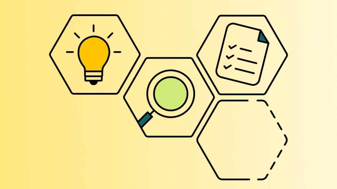 Grafik: Mehrere Waben zeigen eine Lampe, eine Lupe und ein Blatt Papier.