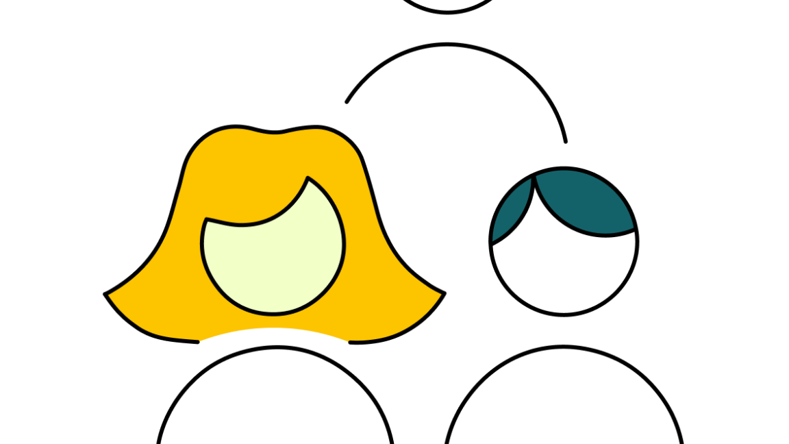 Abstrakte grafische Darstellung dreier Personen: Eine Person hat blonde, eine Person petrolfarbene und eine Person keine Haare.
