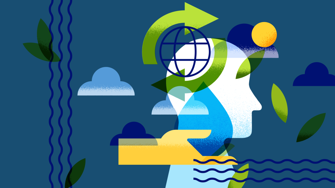 Illustration einer Person im Profil mit überlagerten Recycling-Pfeilen und Globus-Symbol, umgeben von Wellenlinien, Wolken, Sonne und Blättern als Darstellung der globalen Wasserkrise.