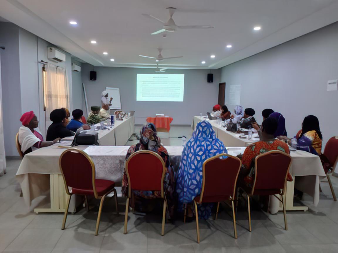 Einige Menschen sitzen in einem Konferenzraum in Burkina Faso.
