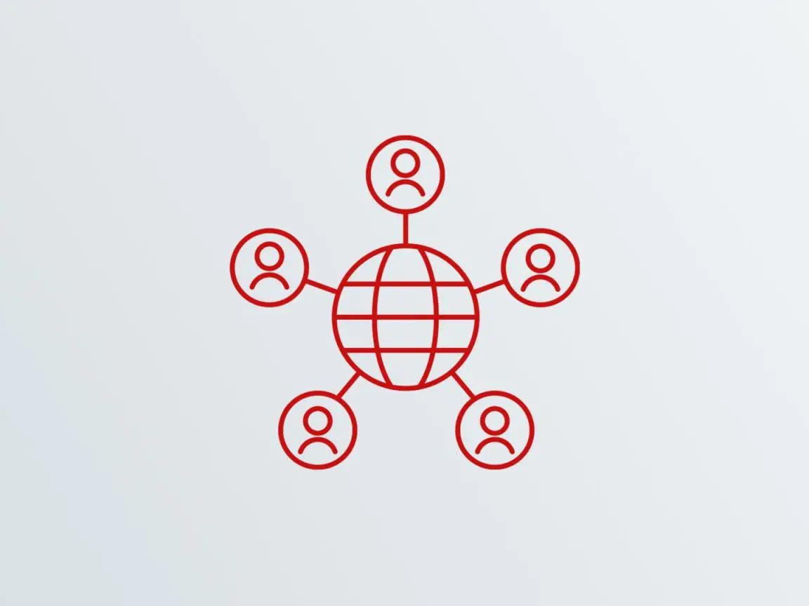 Ein roter Globus mit Gitterlinien, rund herum sind 5 Icons von Personen.