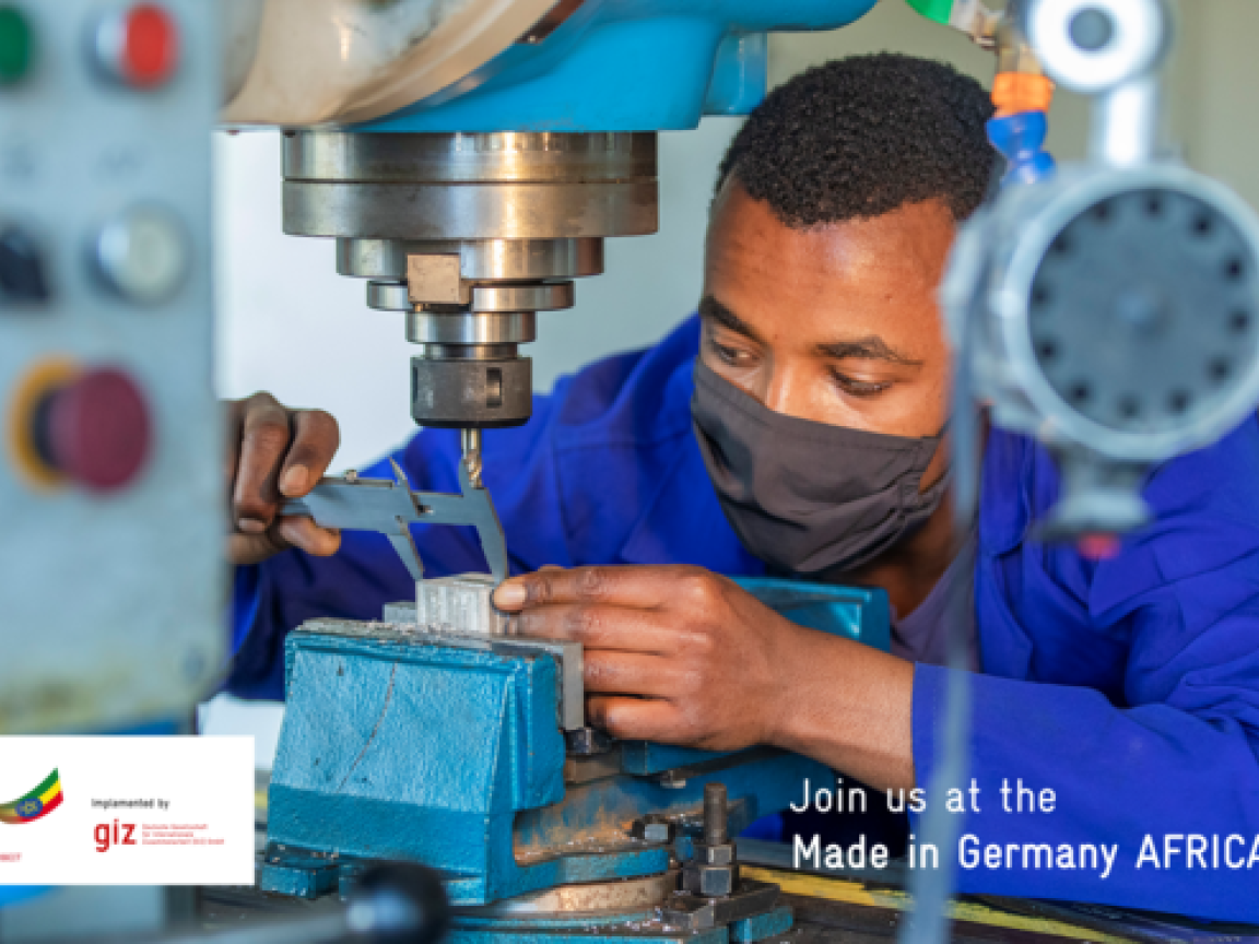 A man is working at a industrial machine, on the picture is written "Join us at the Made in Germany AFRICA Expo".