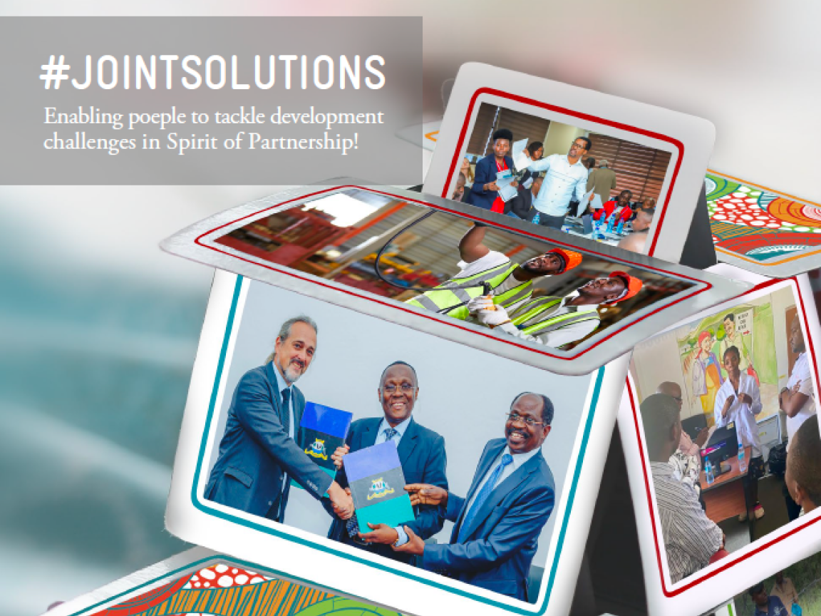 A few pictures of people shaking hands and working together with the headline: #JointSolutions: Enabling people to tackle development challenges in Spirit of Partnership!