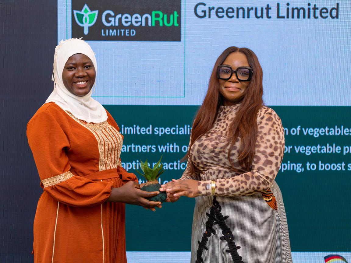 Eine Frau übergibt einer anderen Frau ein Setzling einer grünen Pflanze.