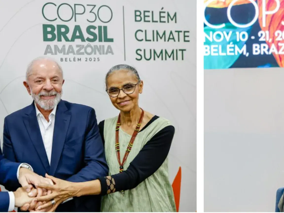 Drei Menschen halten sich bei einer Veranstaltung der COP30 an den Händen.