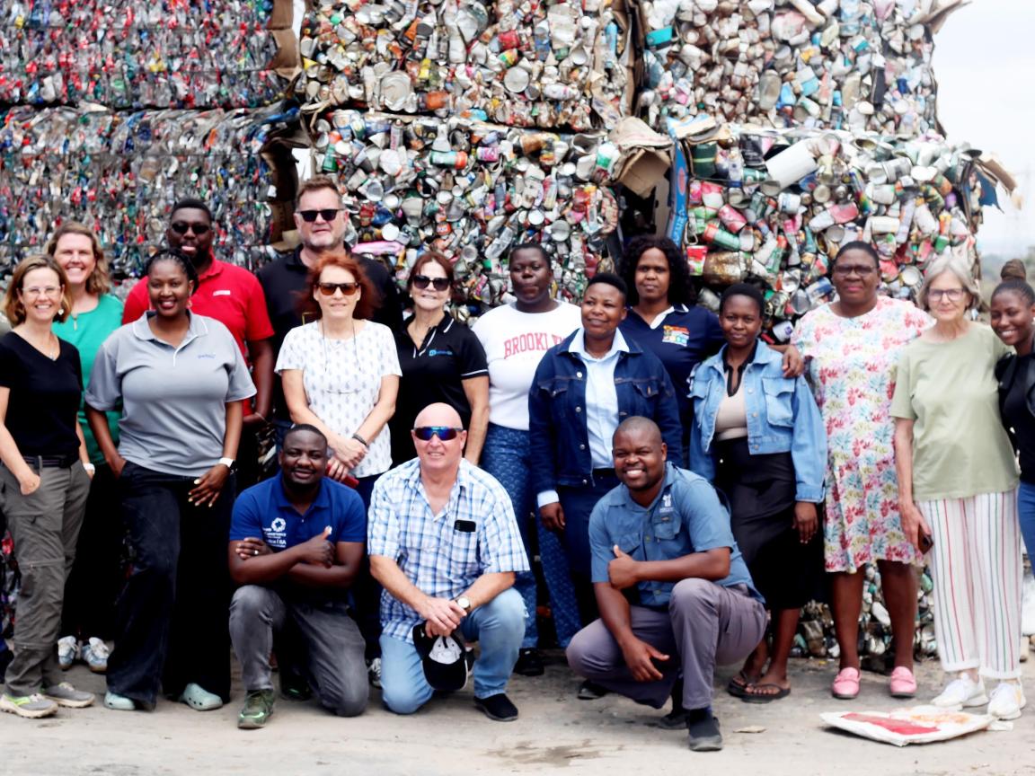 Several people are posing in front of processed bales of recycled plastic.