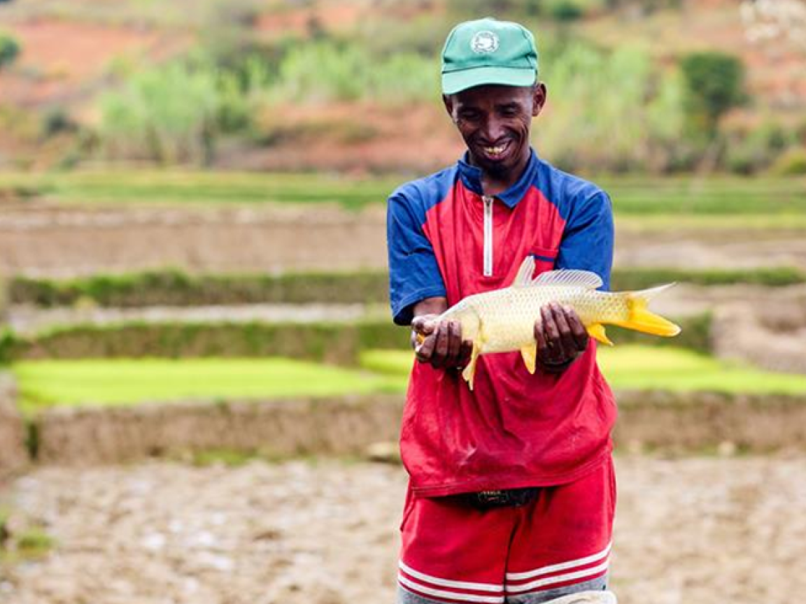 Ein lächelnder Mann hält einen großen Fisch in den Händen. 