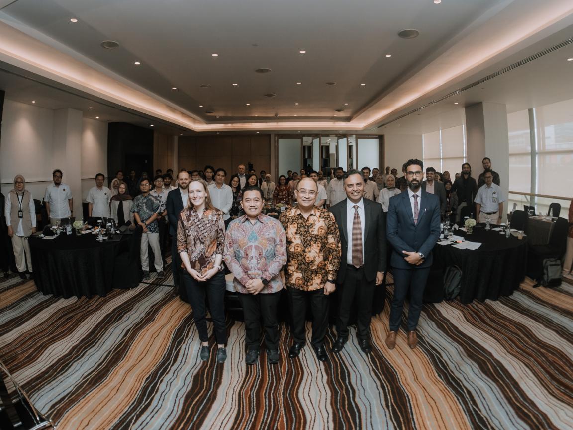 Group photo of speakers and participants at the high-level policy dialogue “From Ambition to Affordability: Lessons Learned from India’s 3 Cents US/kWh Solar Journey” held at Pullman Thamrin Hotel, Jakarta, on 12 February 2026.