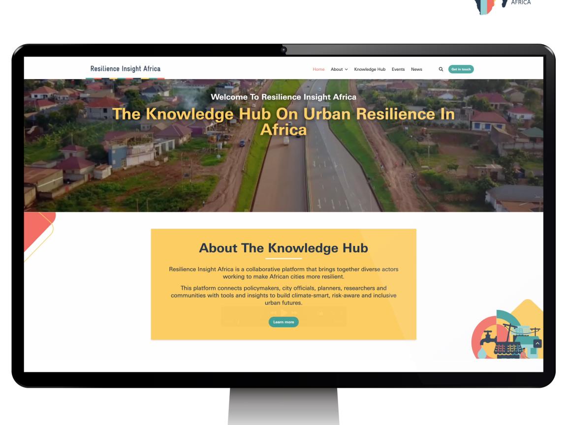 Stilised graphic of a computer displaying the homepage of the Resilience Insight Africa Knowledge Hub.