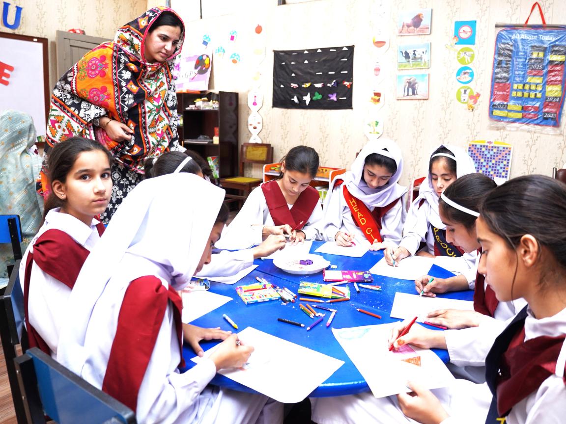 A teacher leading an MHPSS session using creative activities to help the students learn how to express their emotions.