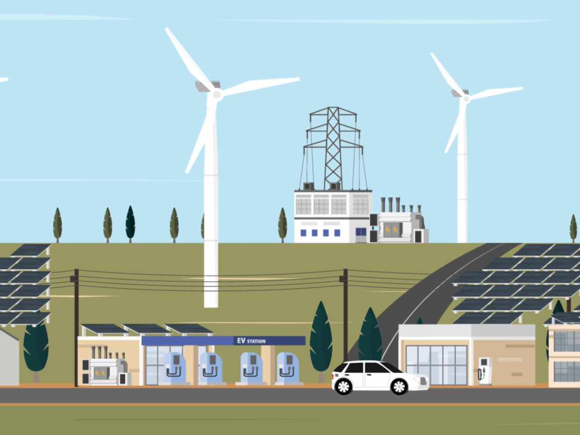 Animated images shows windmills, solar panels, buildings and a car