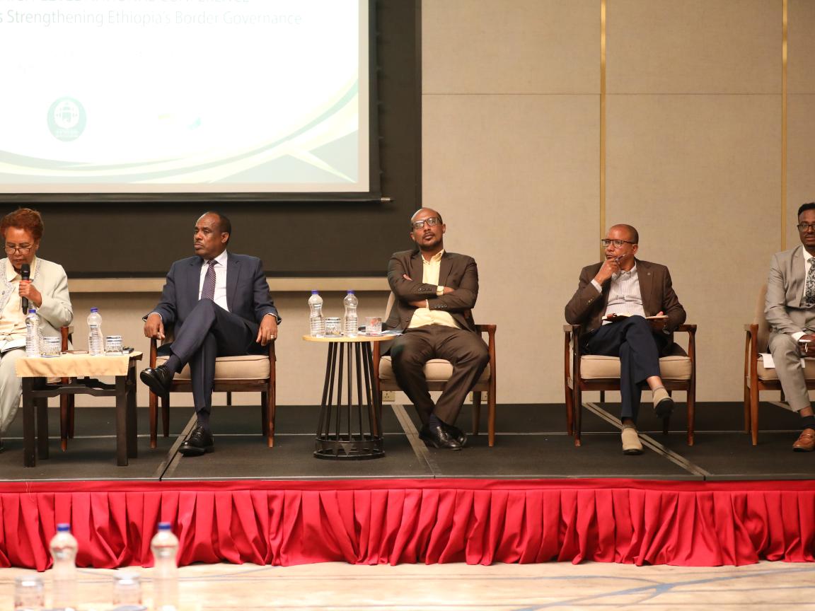 FDRE Government representatives (right to left) from the House of Peoples' Representatives, the Prime Minister's Office, the Ministry of Peace, Immigration and Citizenship Services, and Refugees and Returnees Affairs participate in the high-level panel discussion, "Towards Improving Ethiopia's Border Governance."