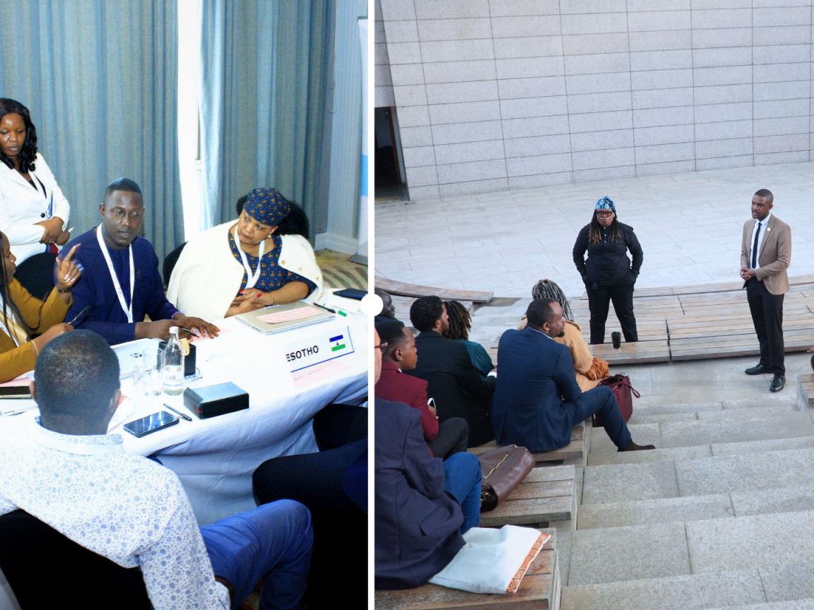 Left: Fireside chat between previous and new fellows of the AU Digital and Innovation Fellowship in April 2026.    Right: Team Lesotho at the regional peer learning event between data regulators in June 2026. 