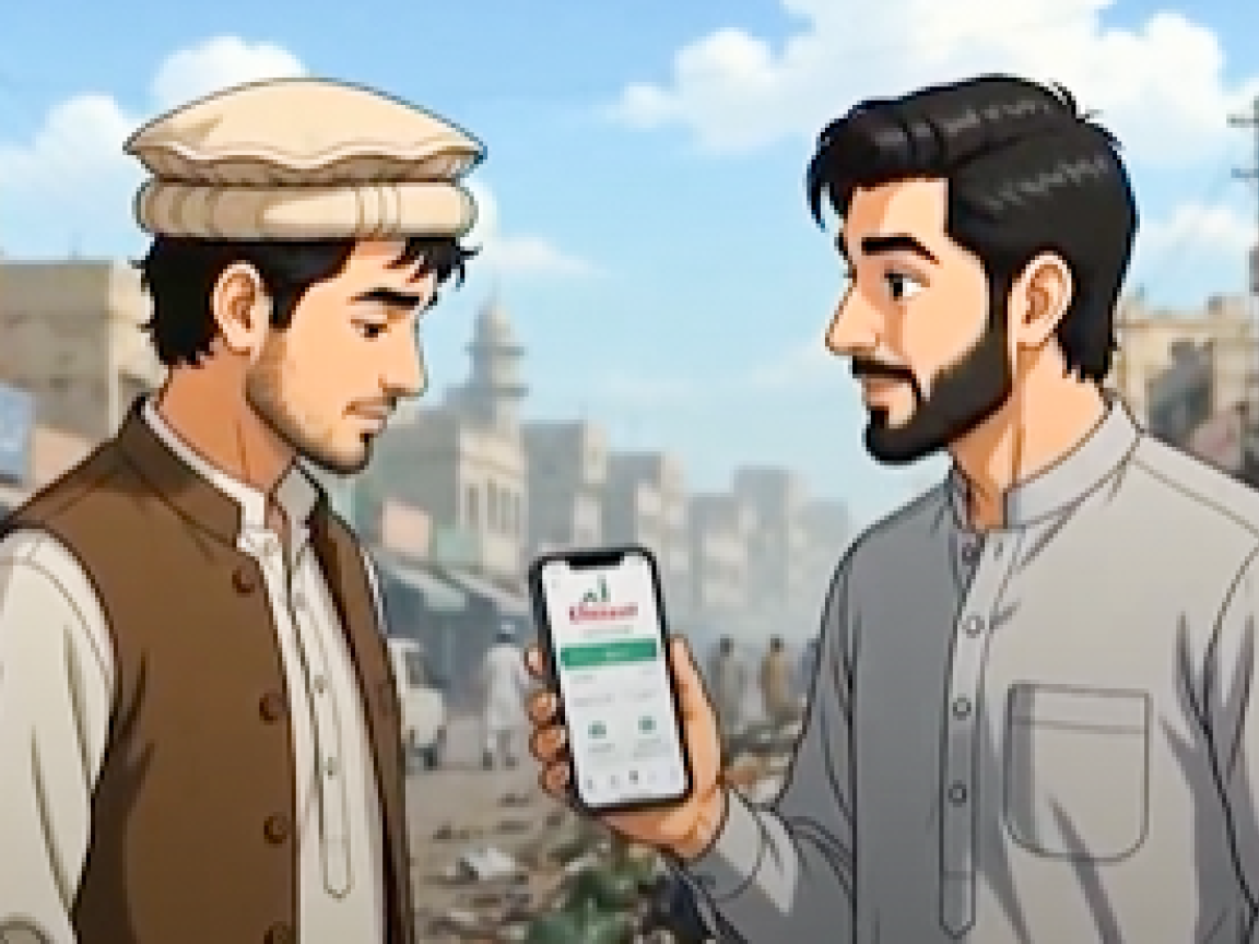 Two animated male characters holding a mobile with the Ehsaas Baldia app showing on the screen 