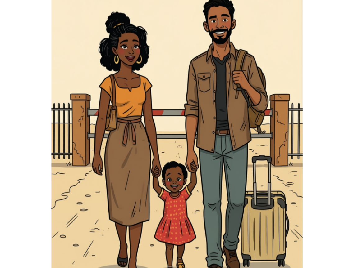 An illustration of a family (woman,child, man) at the border