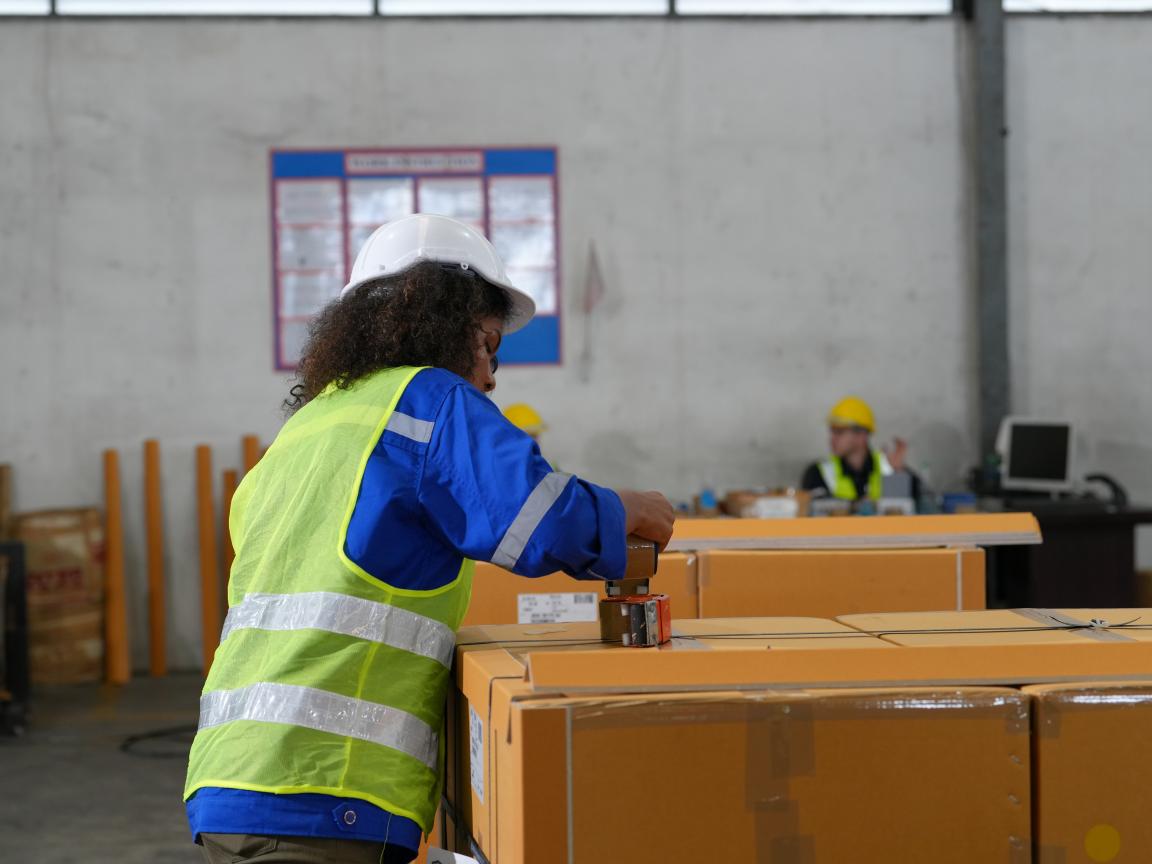 A woman wearing a high-visibility vest stands at a border control counter
