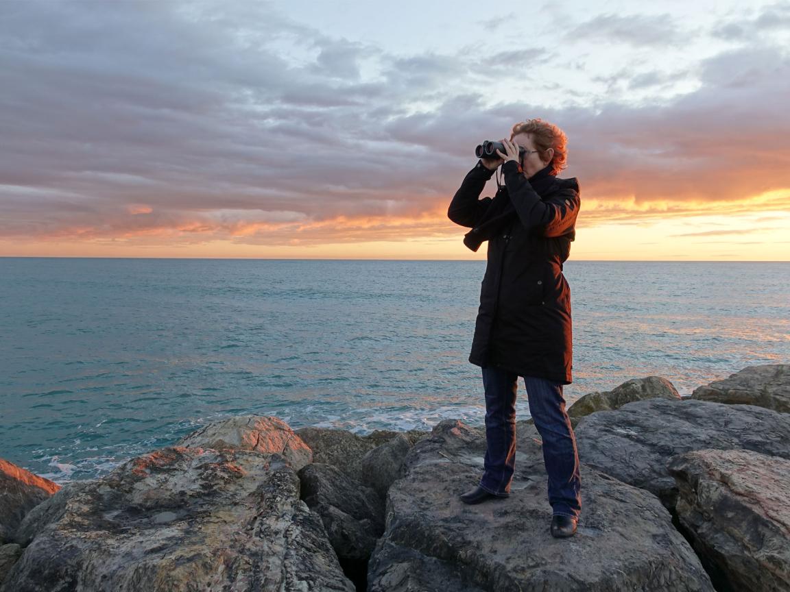 Frau steht an felsiger Küste und schaut durch ein Fernglas