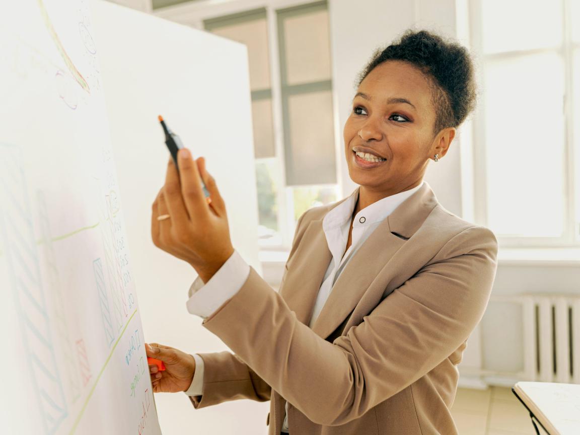 Frau referiert an Flip Chart
