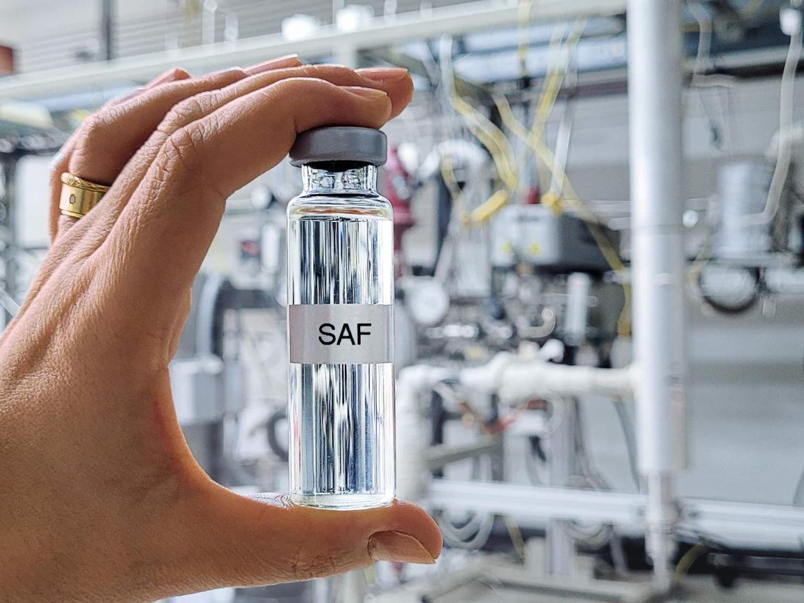 Eine Hand hält ein kleines, mit "SAF" beschriftetes Fläschchen mit klarer Flüssigkeit vor einem verschwommenen industriellen Hintergrund.