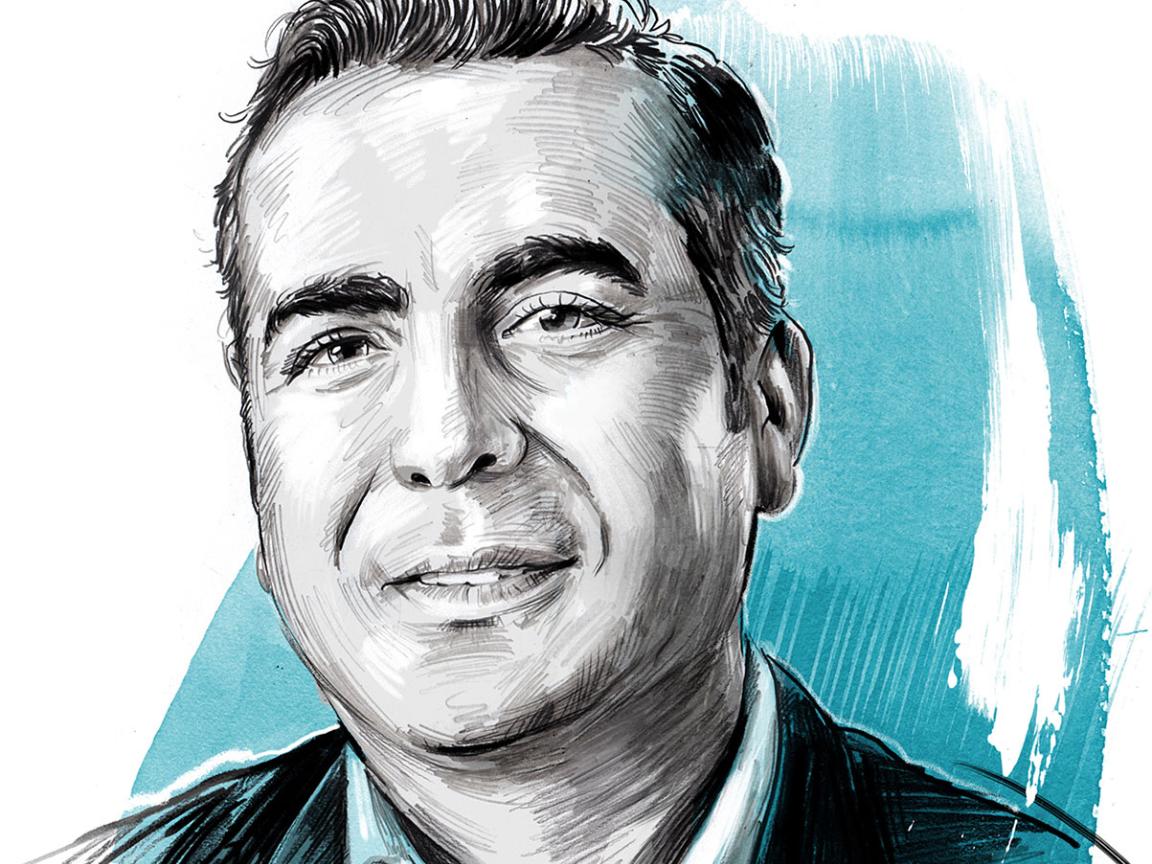 Porträt von einem Mann im gezeichneten Stil mit blauen Akzenten