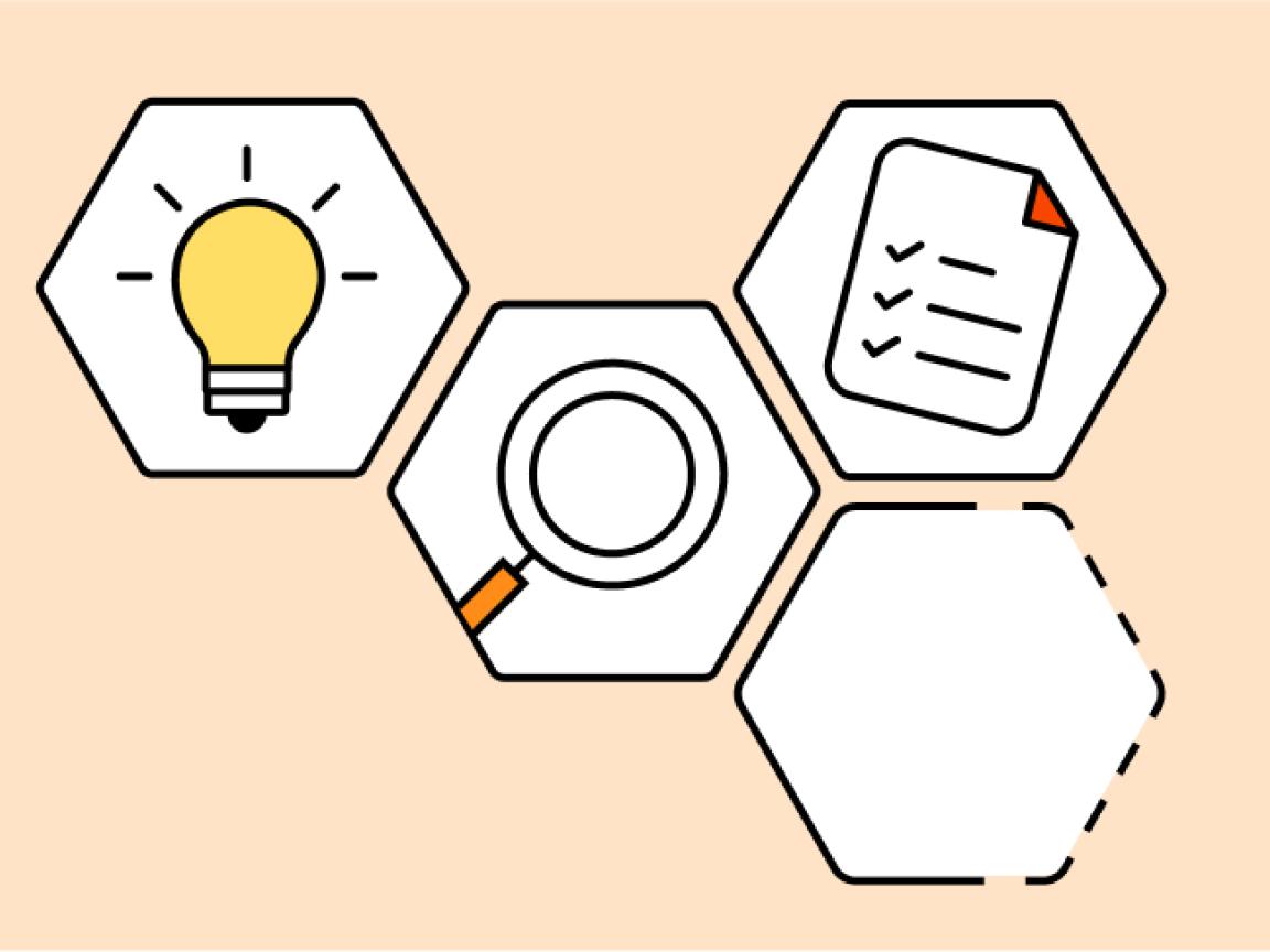 Grafik: Mehrere Waben zeigen eine Lampe, eine Lupe und ein Blatt Papier.