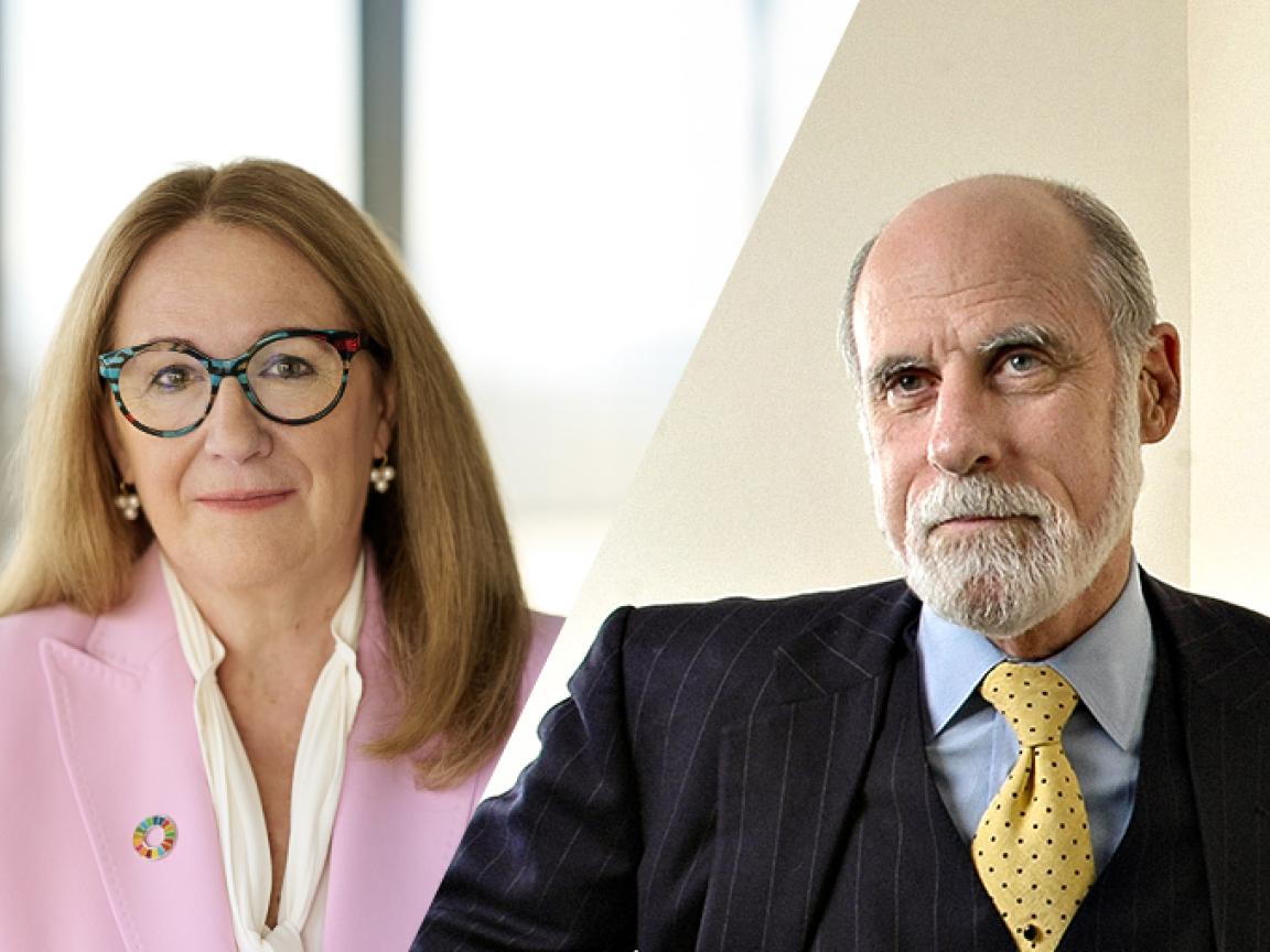 Geteiltes Porträtbild einer Frau in rosa Jacke und eines Mannes im Nadelstreifenanzug mit gelber Krawatte, beide vor hellem Hintergrund.