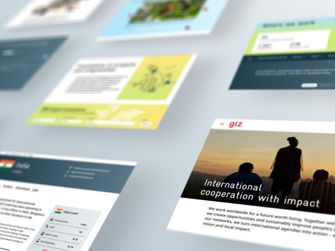 Several views of the new GIZ website, including the home page, country pages, and articles.