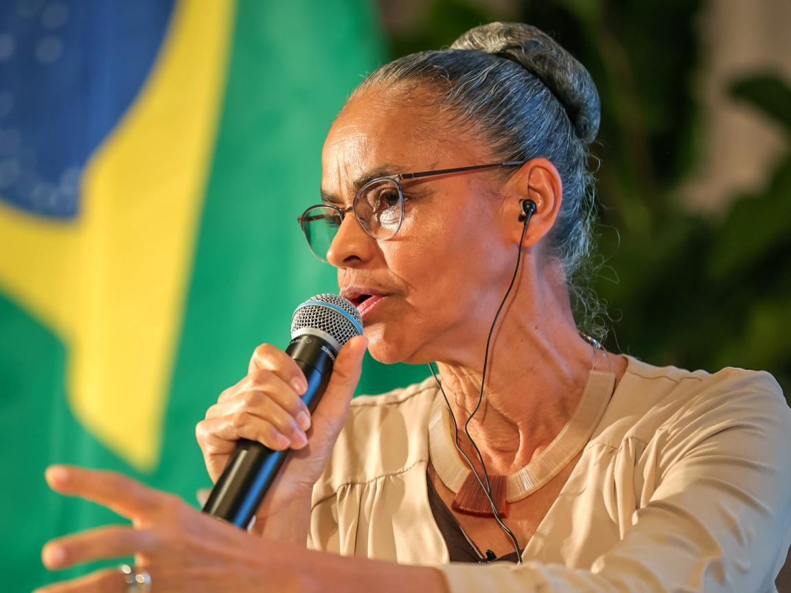 A woman with glasses speaks into a microphone, with the Brazilian flag in the background.