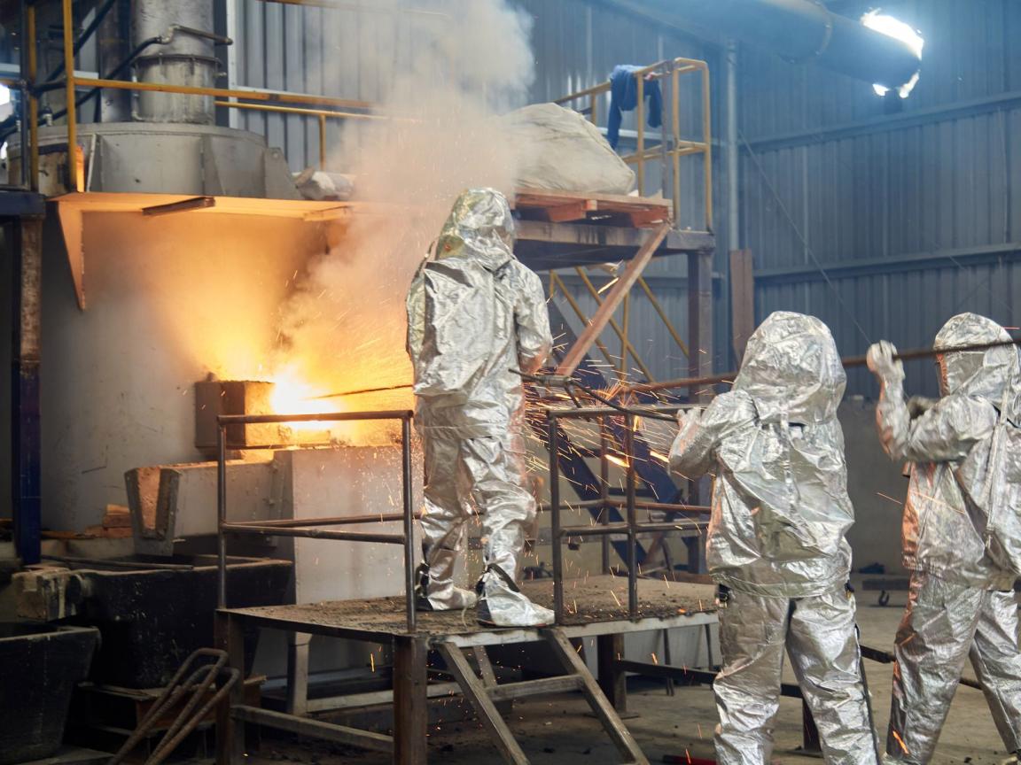 Three people in silver protective suits are working at a glowing furnace in a tin processing plant.