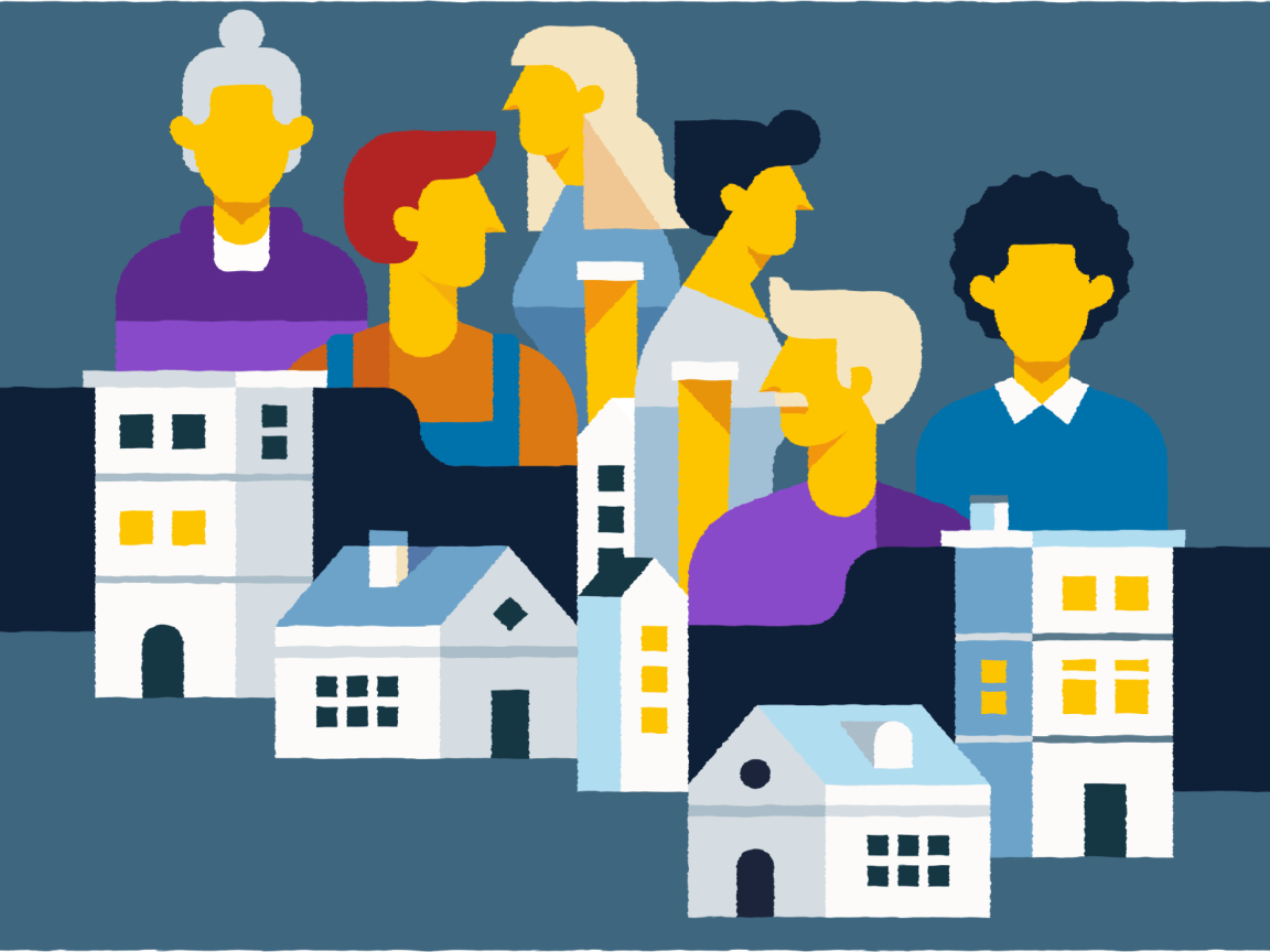 Illustration of several people and houses on a dark blue background, symbolizing community and housing.
