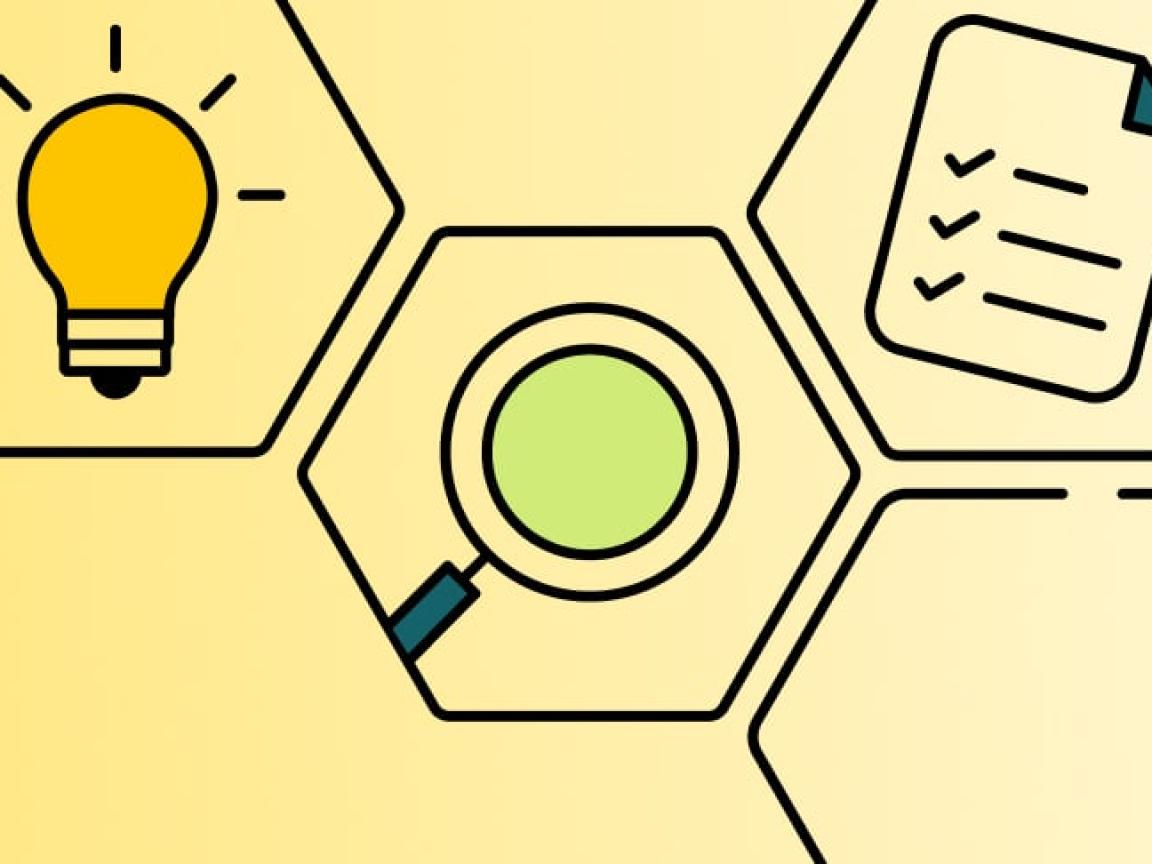Grafik: Mehrere Waben zeigen eine Lampe, eine Lupe und ein Blatt Papier.